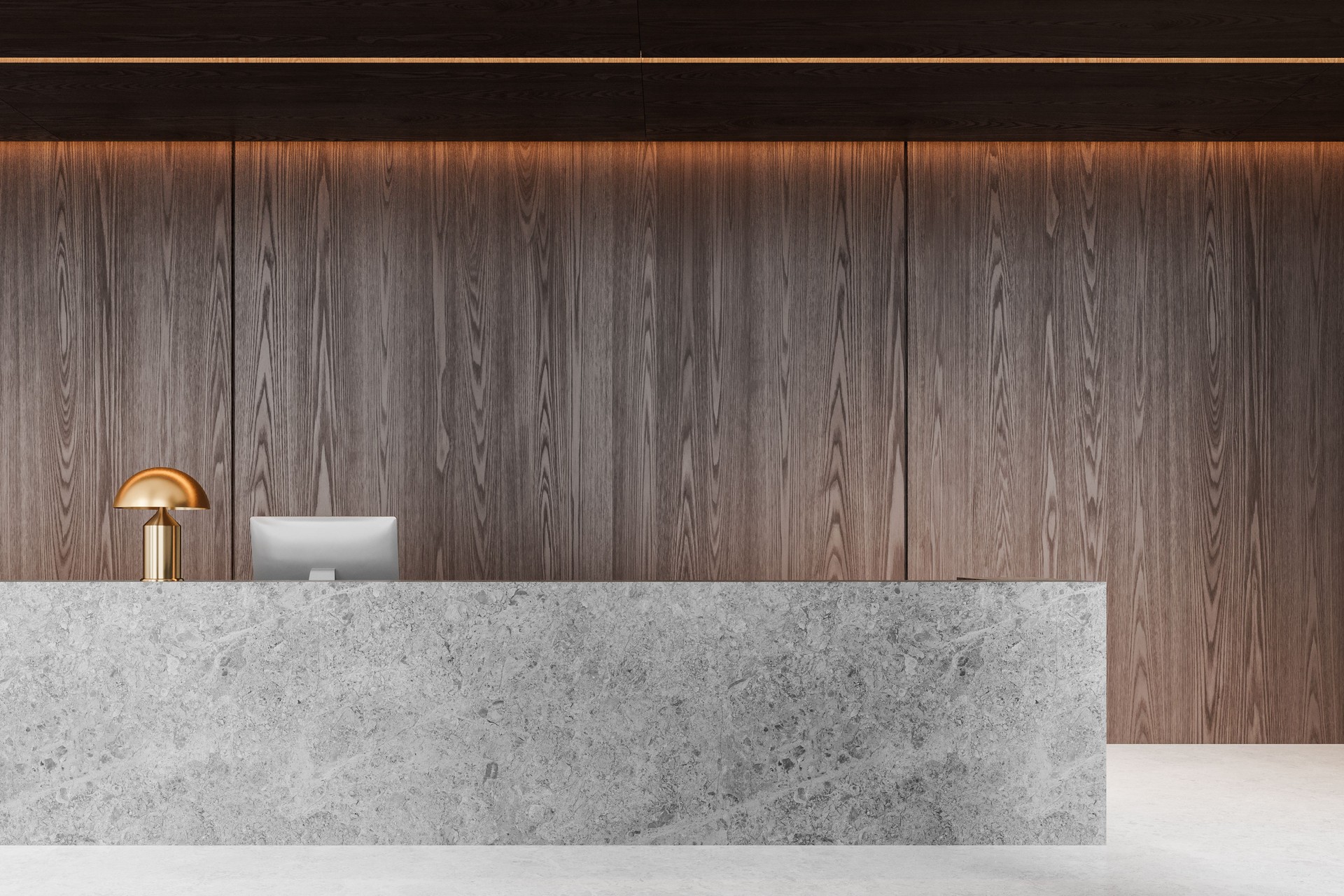 Modern office interior stone reception desk with pc computer, wooden wall