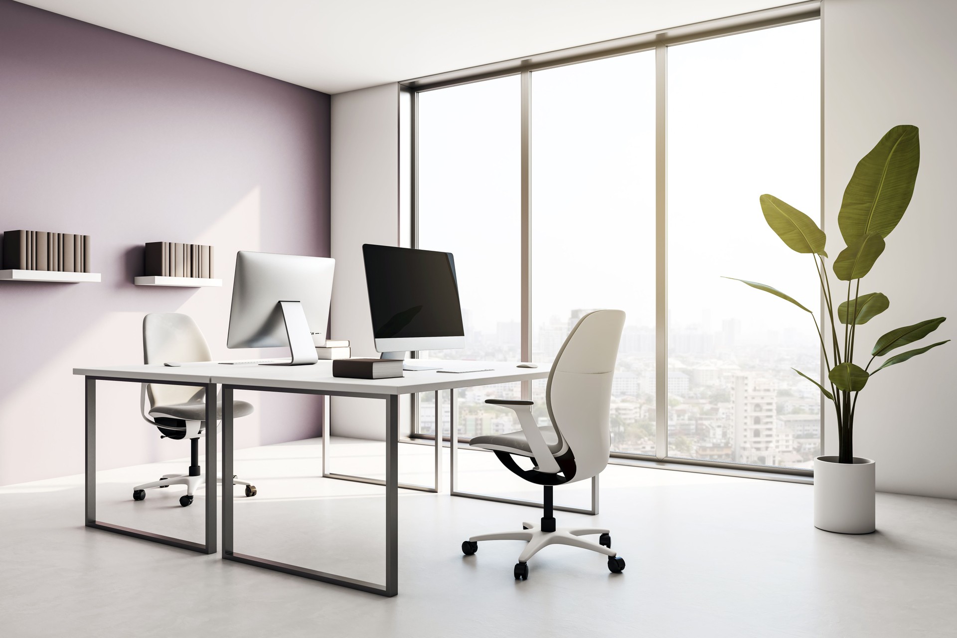 Modern corporate office interior with sleek desks, computers, and city view through large windows, minimal design and natural light filled space. 3D Rendering